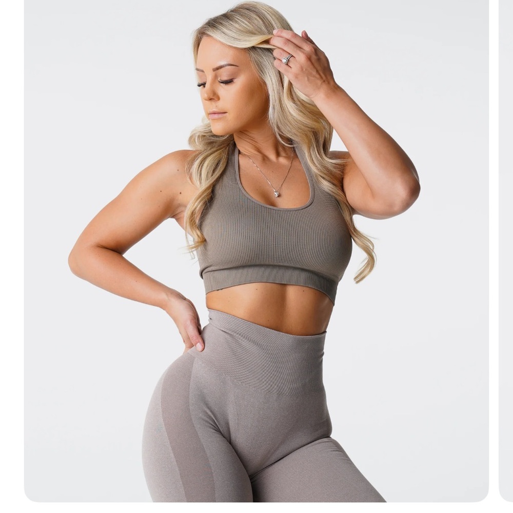 NVGTN Taupe Limitless Ribbed Halter Top Sports Bra